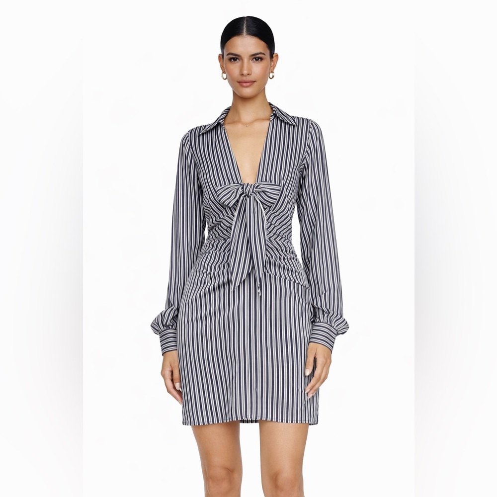 Michael Kors Striped Tie-Neck Long Sleeve Mini Dress Black Blue Size 4